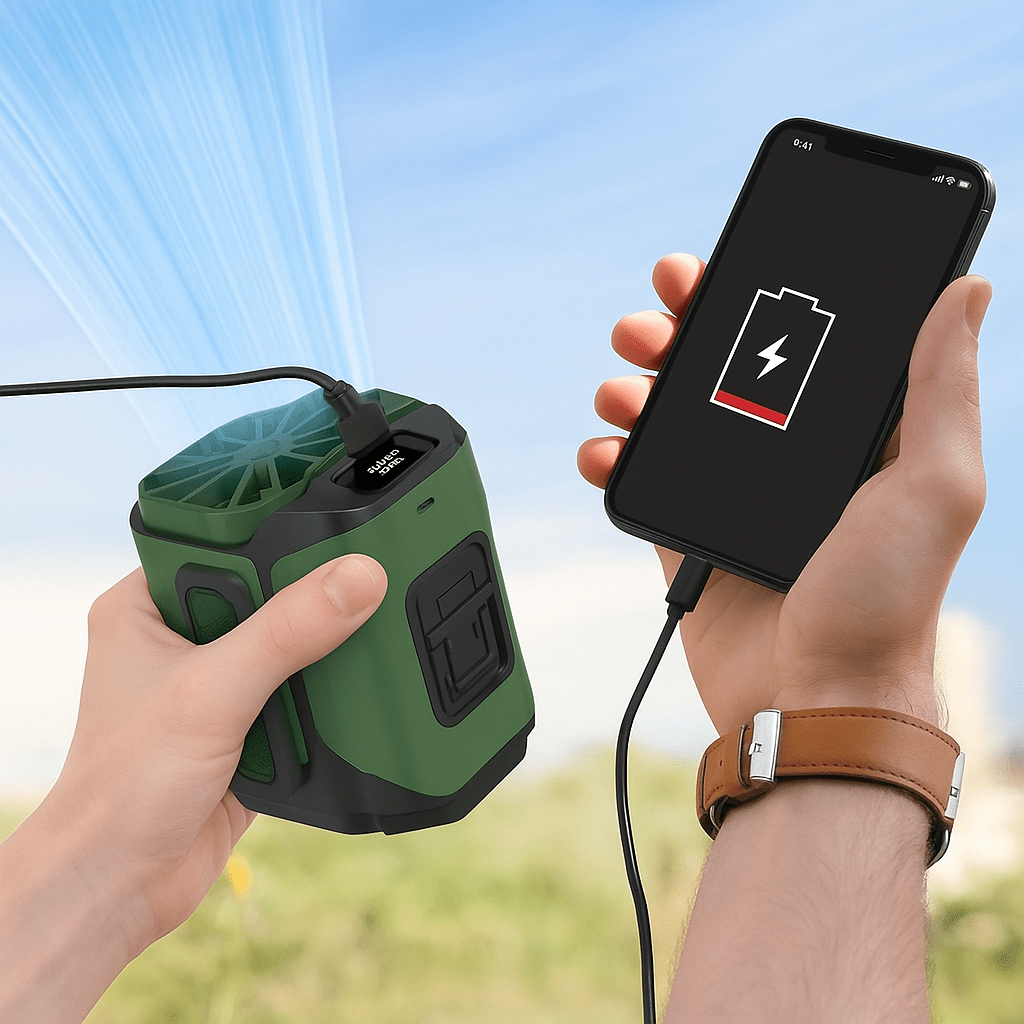 Draagbare heupventilator met powerbank en zaklamp
