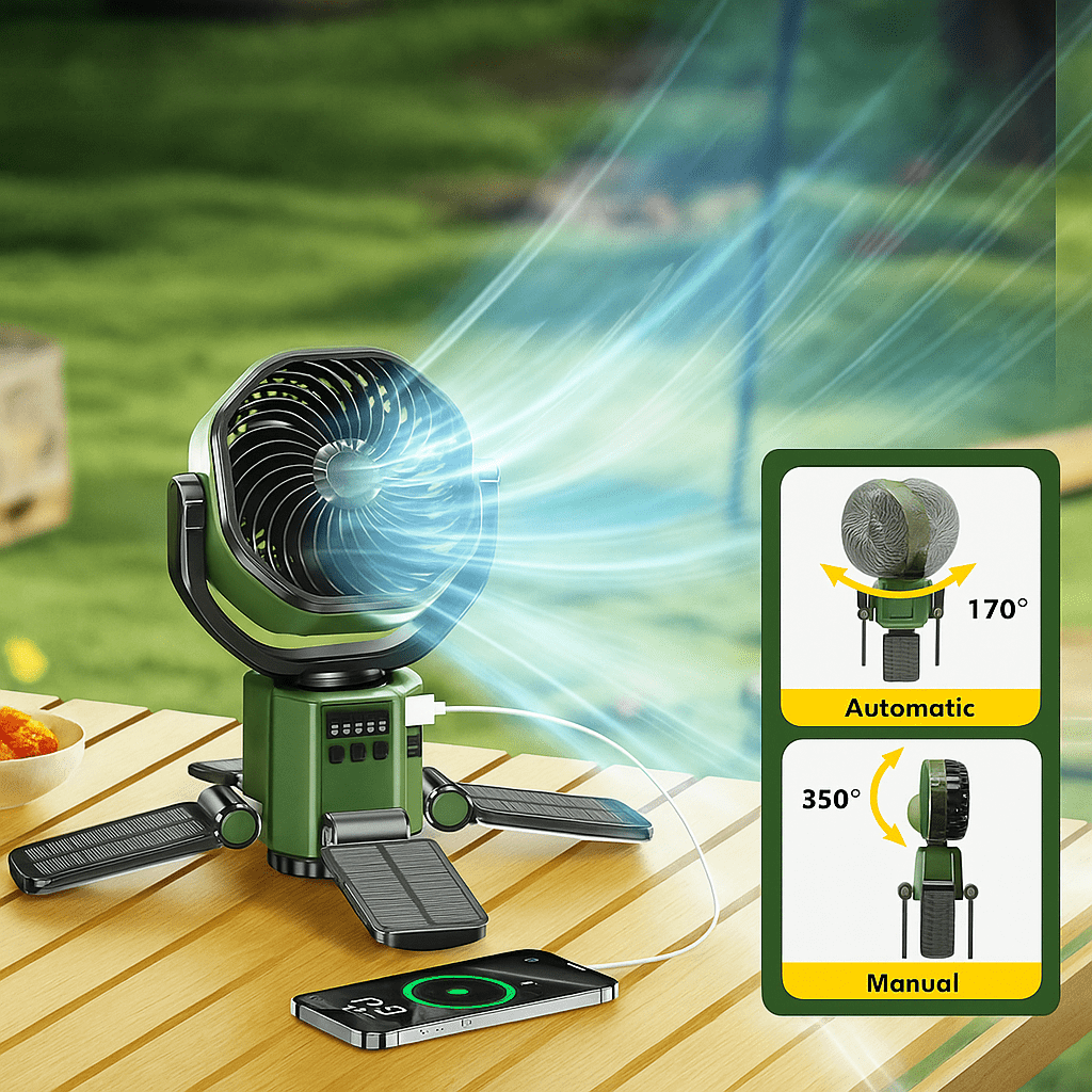 Ventilador portátil para camping con luz LED y batería de 6000 mAh