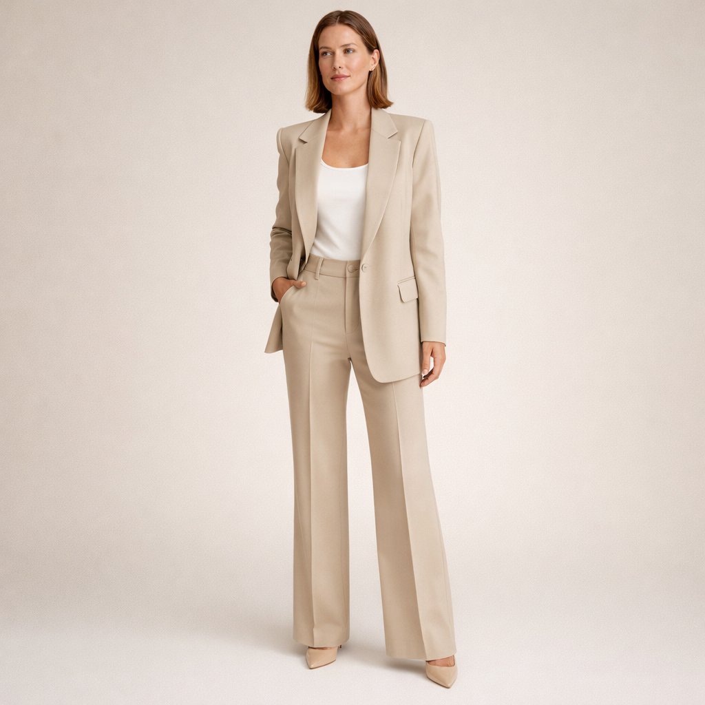 Costum clasic pentru femei, cu pantaloni evazați și rever crestat