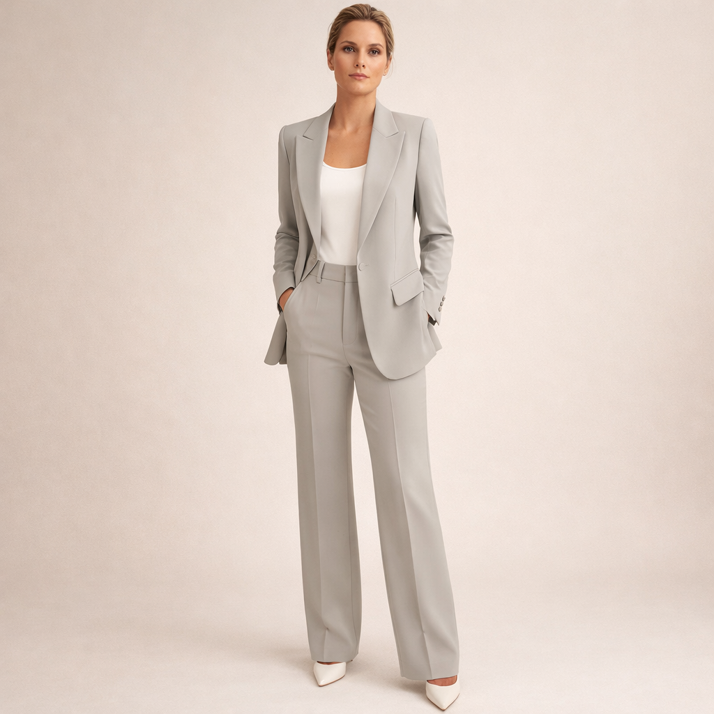 Costum clasic pentru femei, cu pantaloni evazați și rever crestat