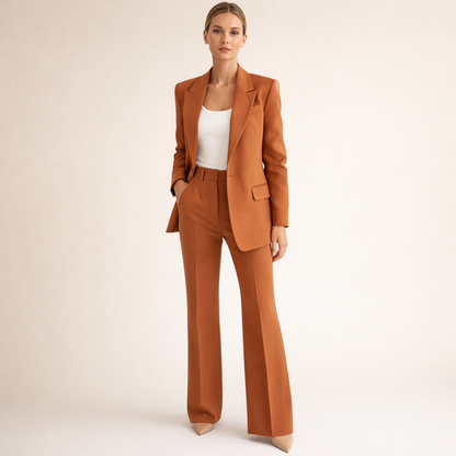 Costum clasic pentru femei, cu pantaloni evazați și rever crestat