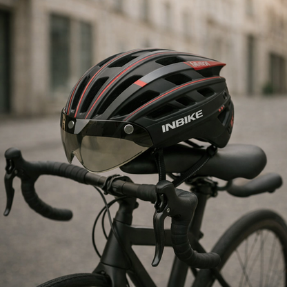 Bike Helmet | Integrated Glasses, Adjustable Visor | LED Light, Ventilated