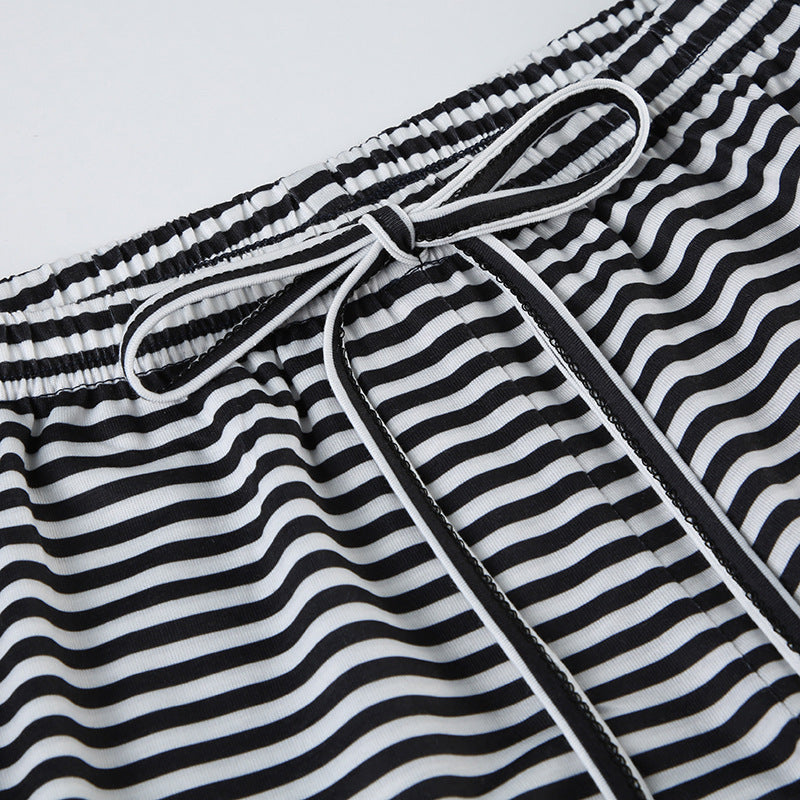 Striped Lounge Trousers for Women with Wide Legs and Elastic Waist