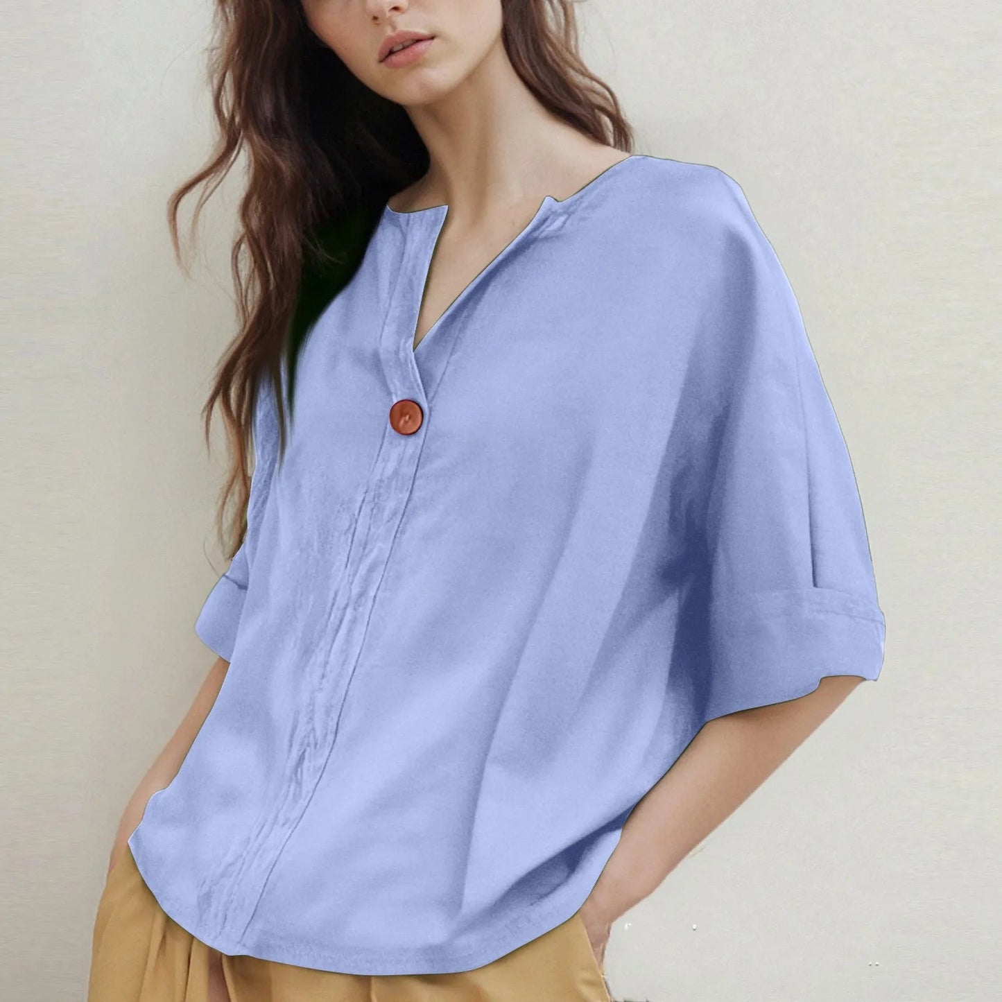 Loose-Fitting V-Neck Blouse with Three-Quarter Sleeves
