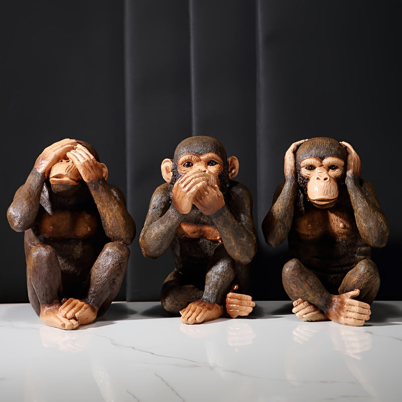 Set of 3 Chimpanzee Figurines - Playful and Realistic for Your Interior