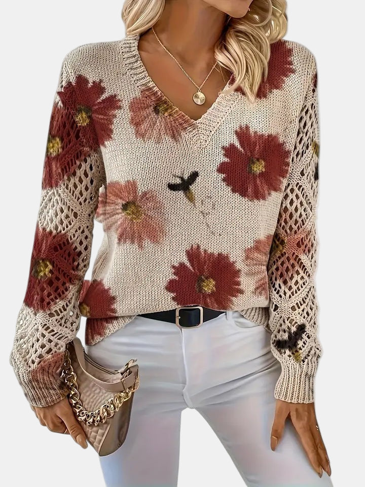 Ladies' Knitted Jumper with Floral Print and V-Neck
