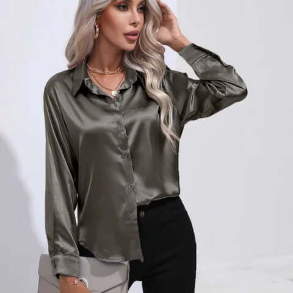 Ladies' Satin Blouse with Long Sleeves and Loose Fit