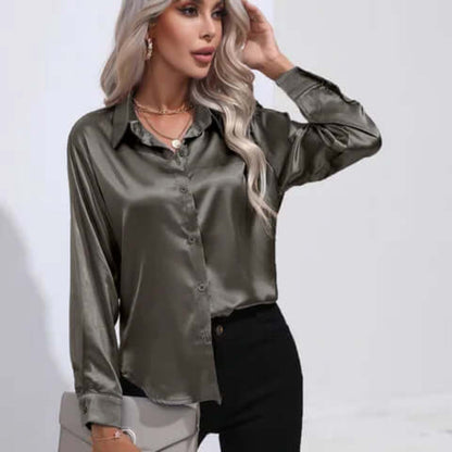 Ladies' Satin Blouse with Long Sleeves and Loose Fit