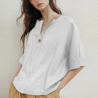 Loose-Fitting V-Neck Blouse with Three-Quarter Sleeves