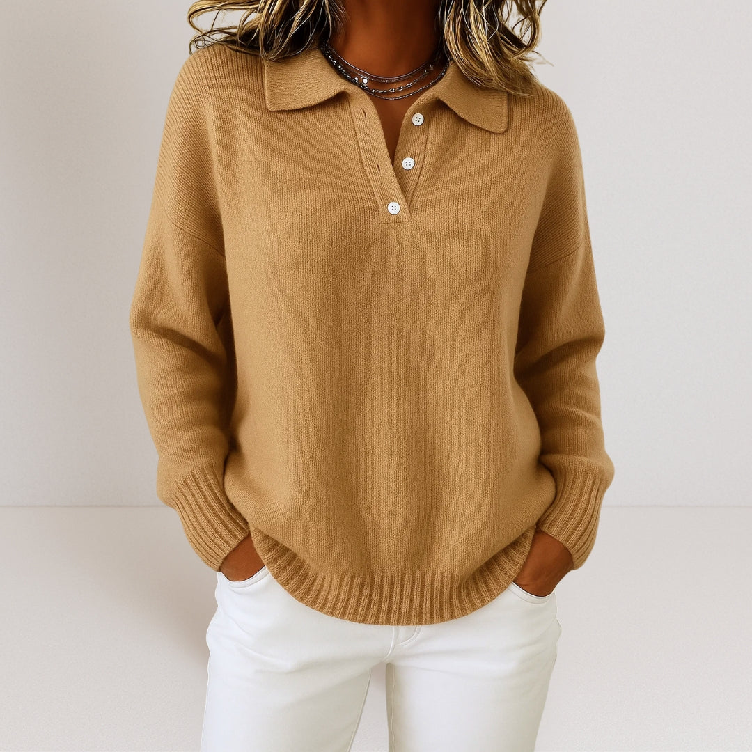 Soft Women's Polo Sweater Knitted with Long Sleeves