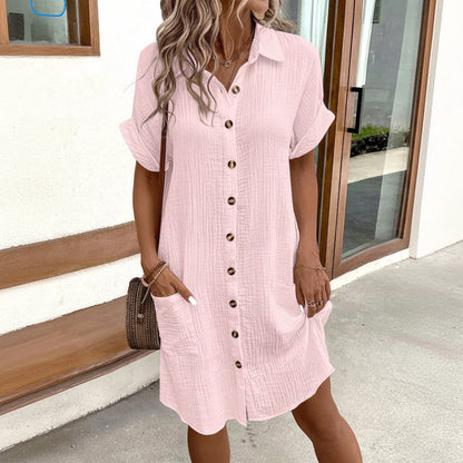 Vestito camicia a maniche corte tinta unita per donna