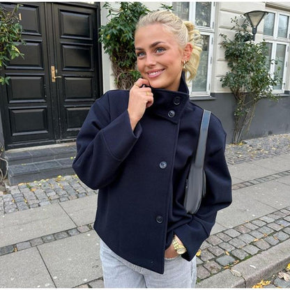 Double-Breasted Ladies Peacoat Jacket in Wool Blend with Wide Sleeves