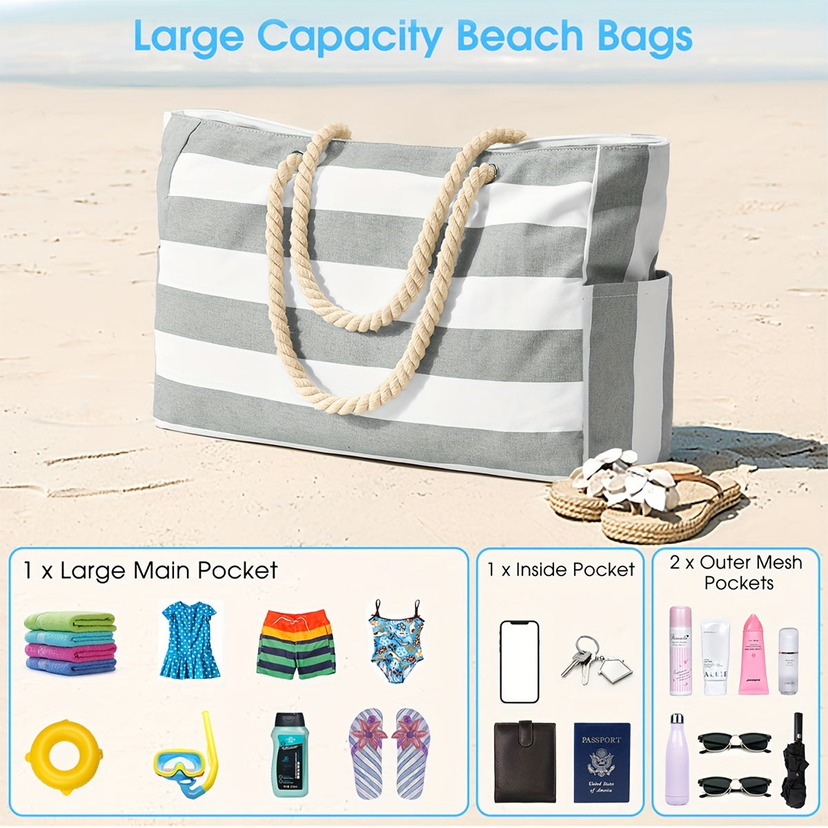 Grand sac de plage tendance à imprimé feuillage - spacieux, résistant et idéal pour les vacances