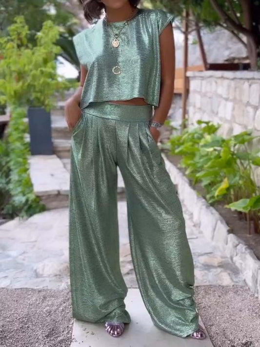 Conjunto casual brillante para mujer: chaleco y pantalones anchos - Amy