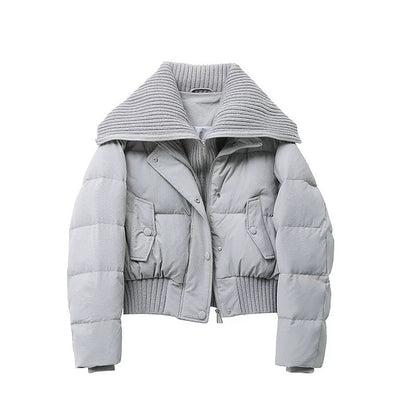 Ladies Short Puffer Winter Jacket Quilted with Ribbed Collar