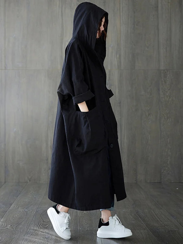 Oversized Midi Trench Coat with Hood and Large Pockets for Women