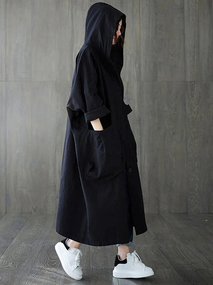 Oversized Midi Trench Coat with Hood and Large Pockets for Women