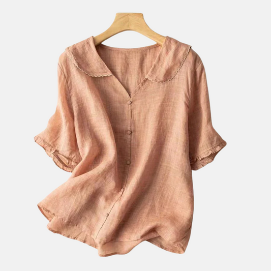 Camisa retro de algodón y lino para mujer con cuello Peter Pan