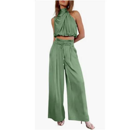 Satin Look Set with Halter Neck Top for Women