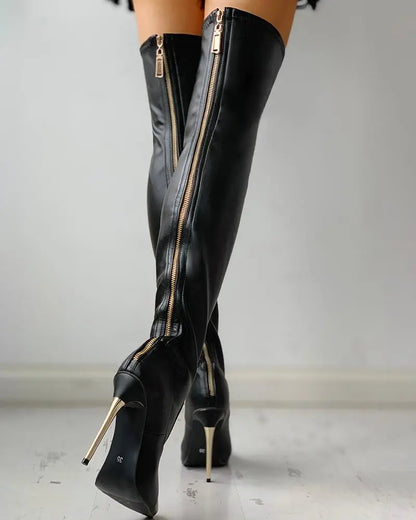 Stylish Black Knee-High Boots for Women with Zip and High Heel