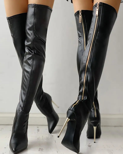 Stylish Black Knee-High Boots for Women with Zip and High Heel