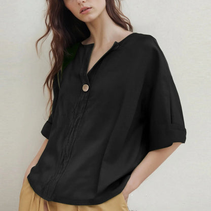 Loose-Fitting V-Neck Blouse with Three-Quarter Sleeves
