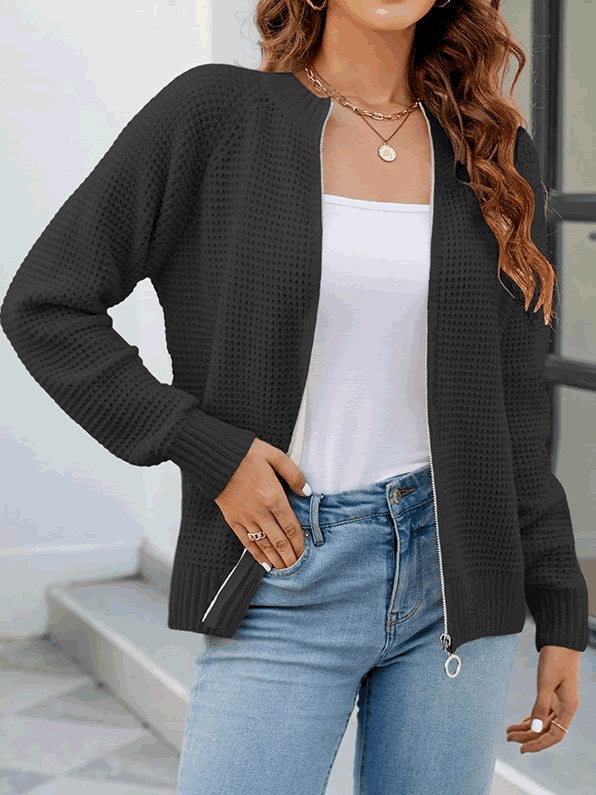 Solid Color Casual Women's Cardigan with Long Sleeves and Zipper - Kate