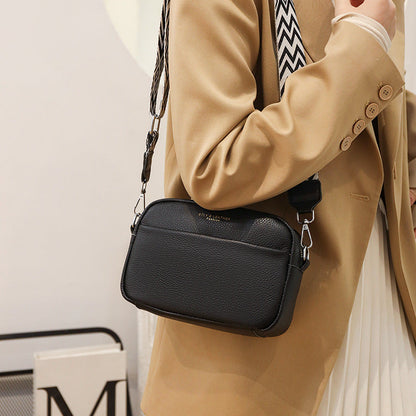 Fashionable Shoulder Bag with White Embroidery and Wide Shoulder Strap