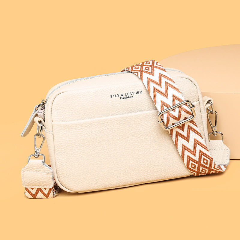 Fashionable Shoulder Bag with White Embroidery and Wide Shoulder Strap