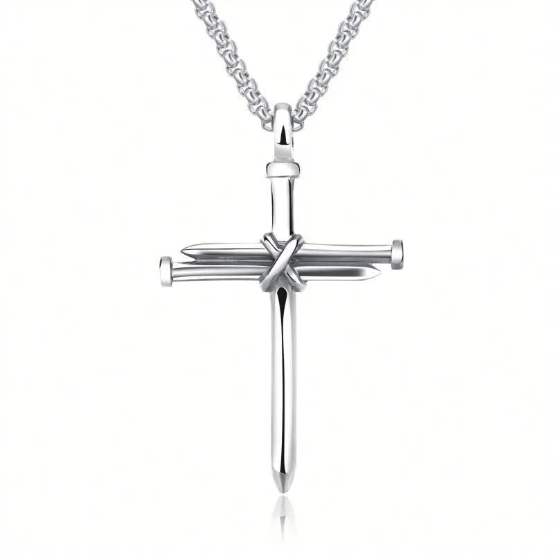 Steel Cross Pendant Necklace with Nail Design (Unisex)