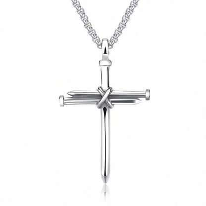 Steel Cross Pendant Necklace with Nail Design (Unisex)