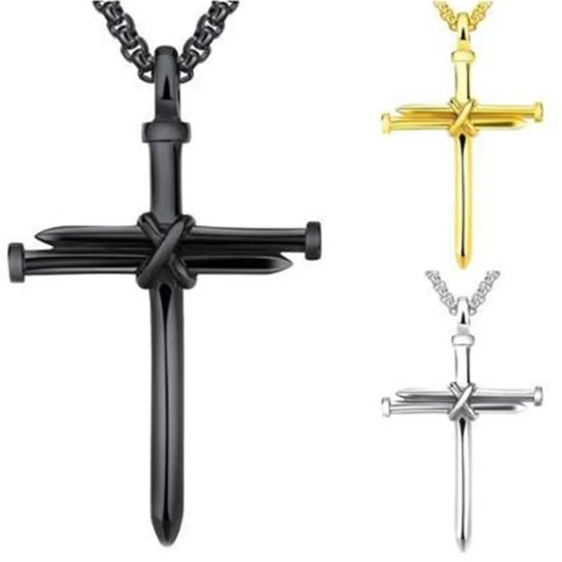Steel Cross Pendant Necklace with Nail Design (Unisex)