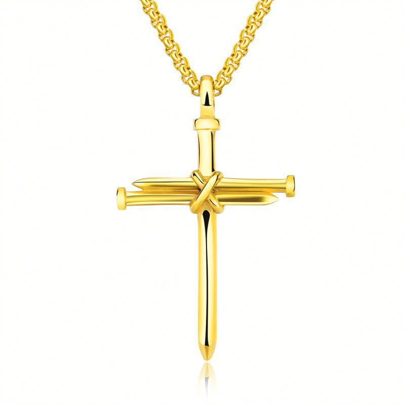 Steel Cross Pendant Necklace with Nail Design (Unisex)