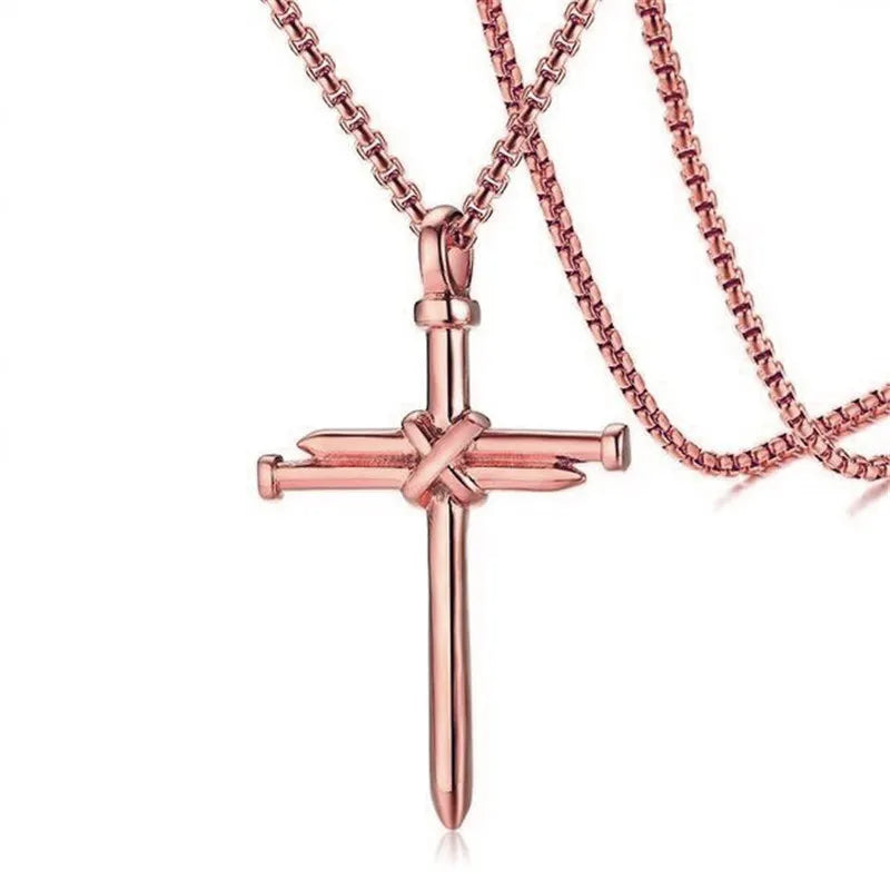 Steel Cross Pendant Necklace with Nail Design (Unisex)