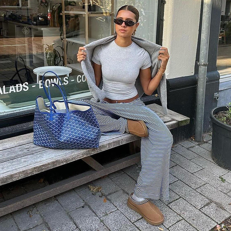 Striped Lounge Trousers for Women with Wide Legs and Elastic Waist