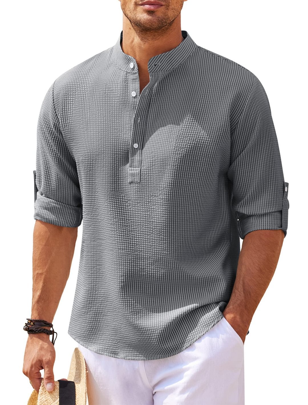 Long Sleeve Shirt with Stand-up Collar and Solid Colour