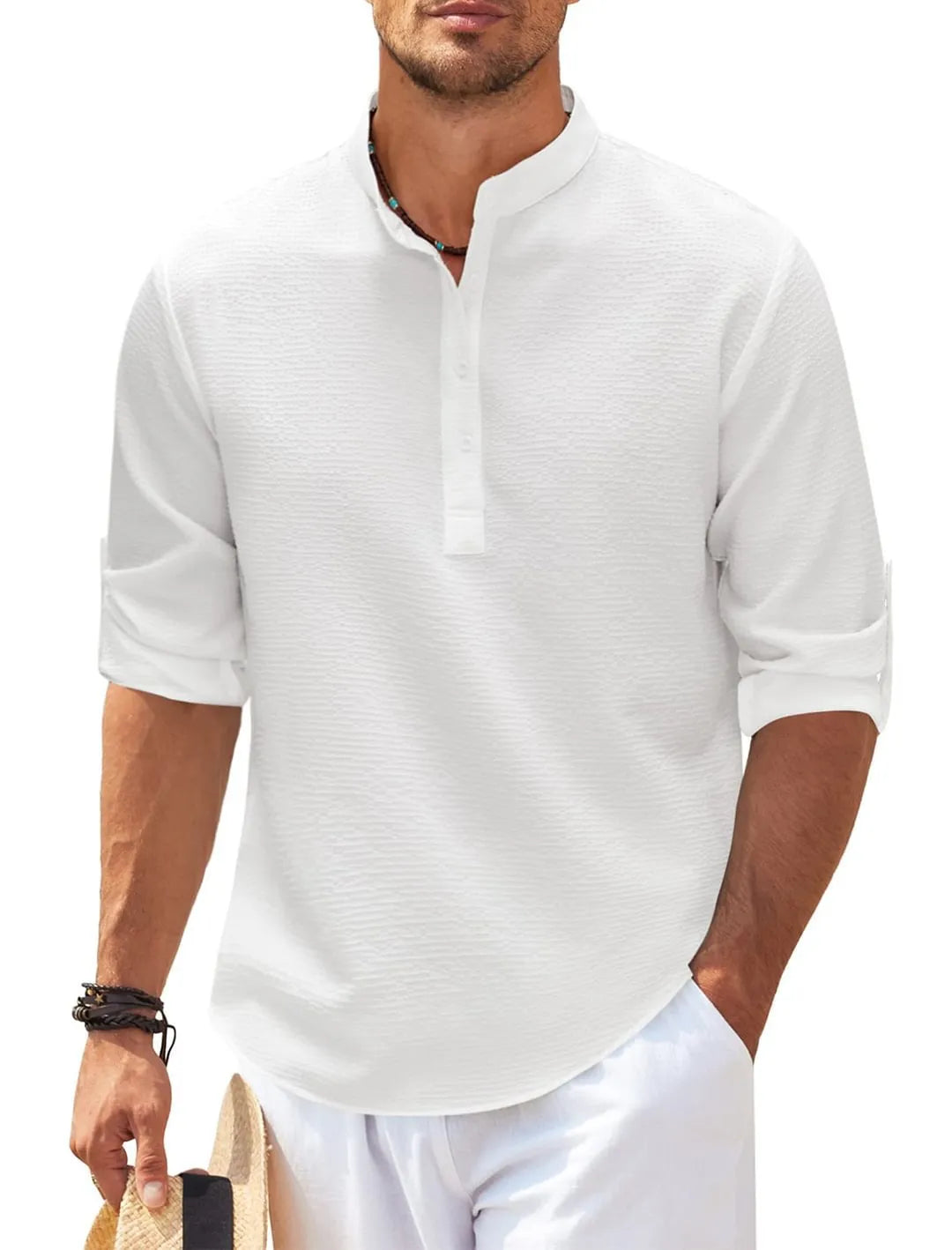 Long Sleeve Shirt with Stand-up Collar and Solid Colour
