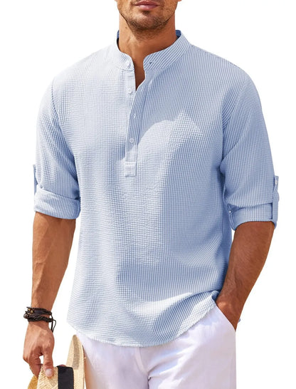 Long Sleeve Shirt with Stand-up Collar and Solid Colour