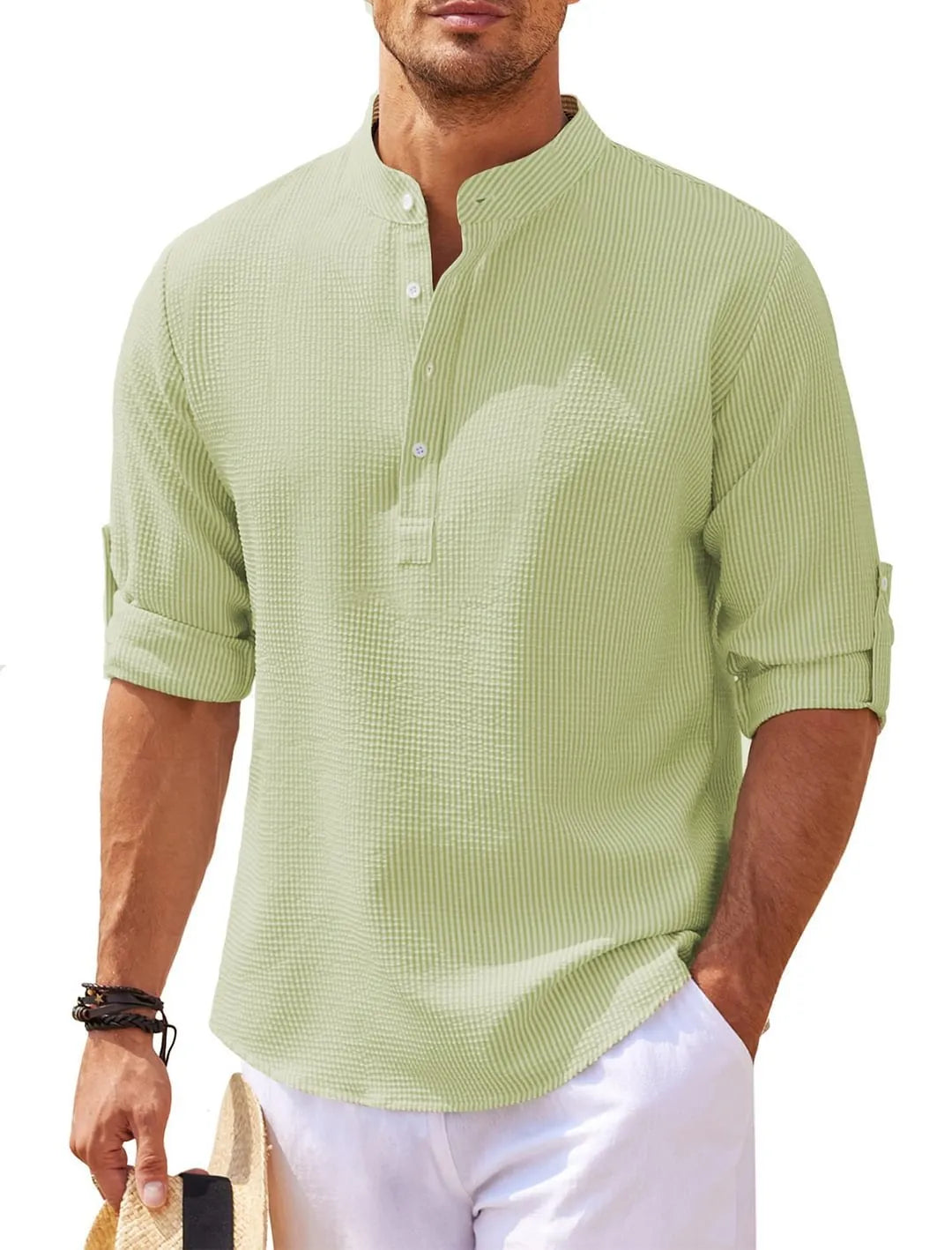 Long Sleeve Shirt with Stand-up Collar and Solid Colour