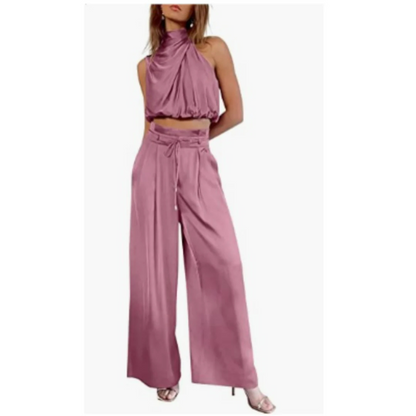 Satin Look Set with Halter Neck Top for Women