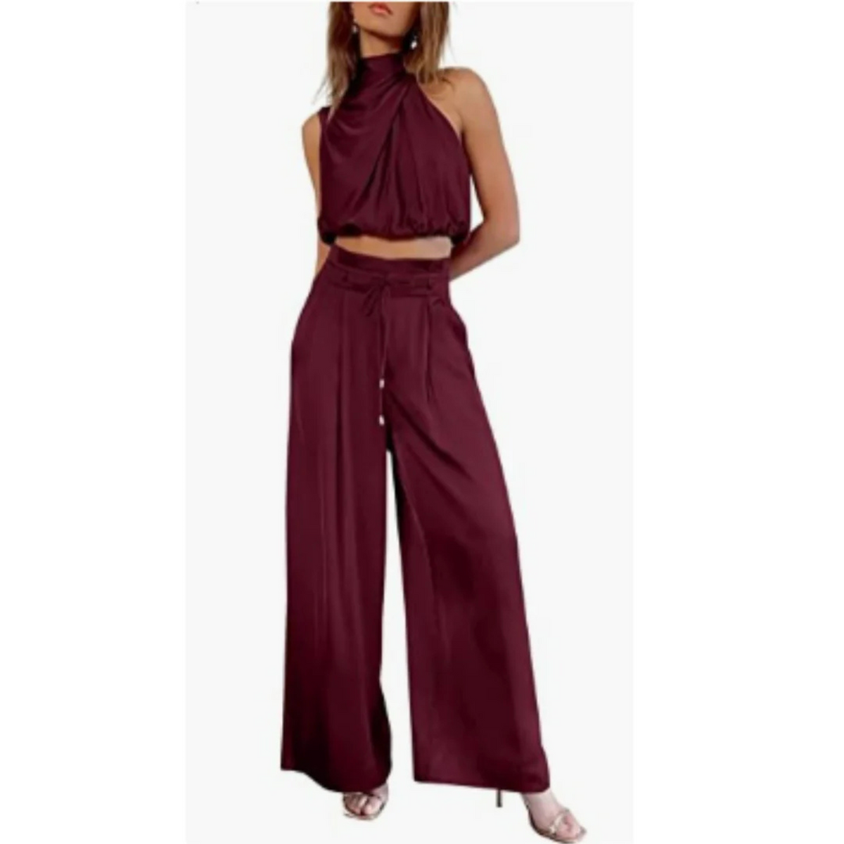 Satin Look Set with Halter Neck Top for Women