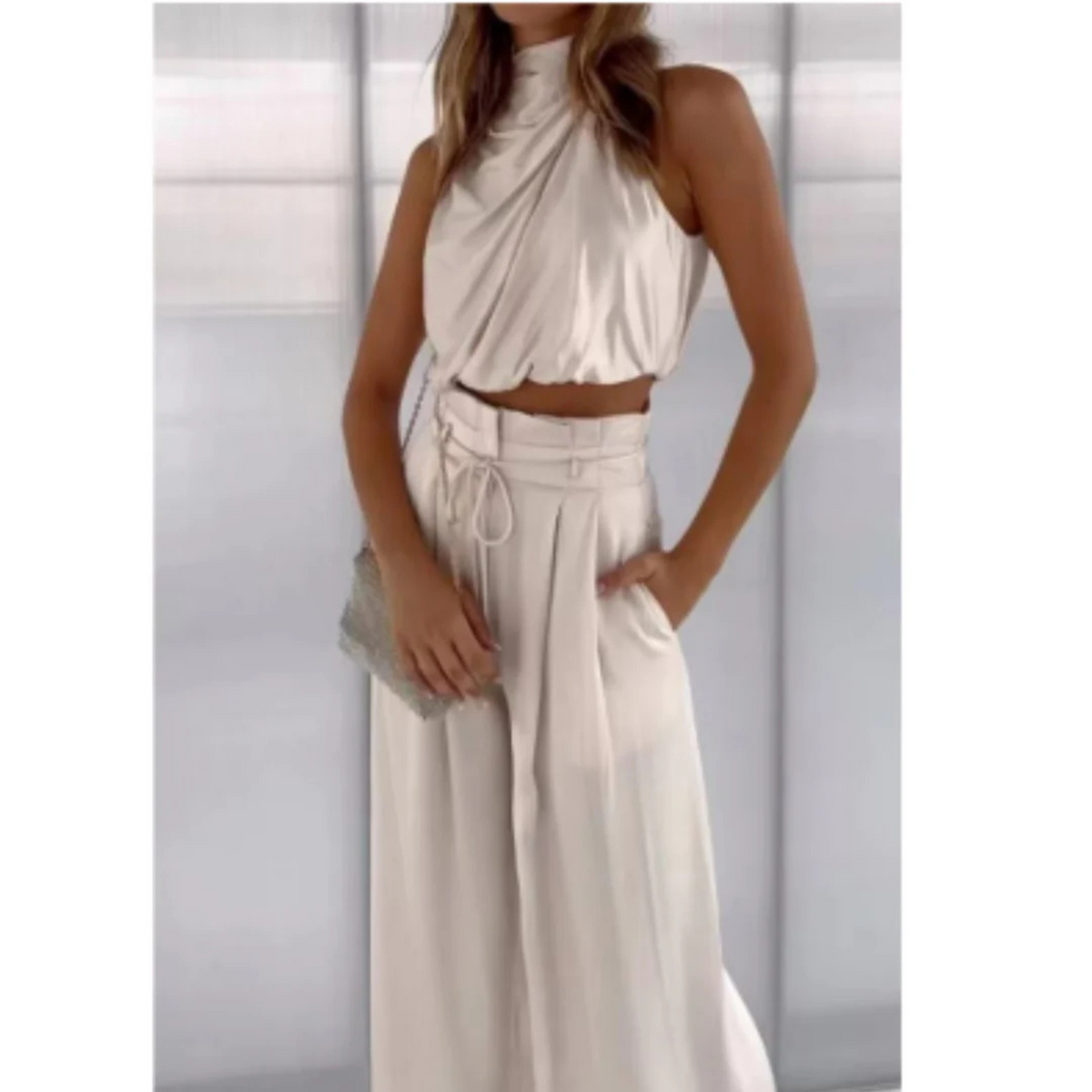 Satin Look Set with Halter Neck Top for Women
