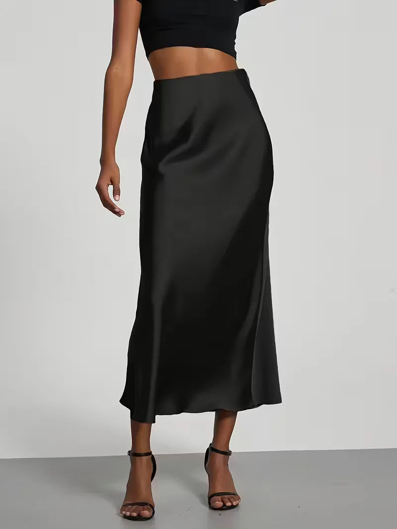 Jupe midi en satin à taille haute