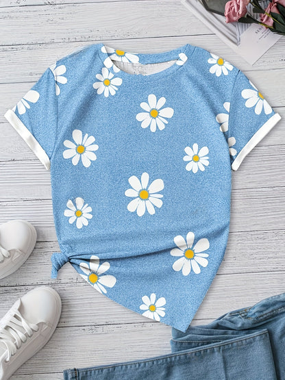 Daisy Flower Print Crewneck T-shirt – Casual and Breathable for Spring and Summer