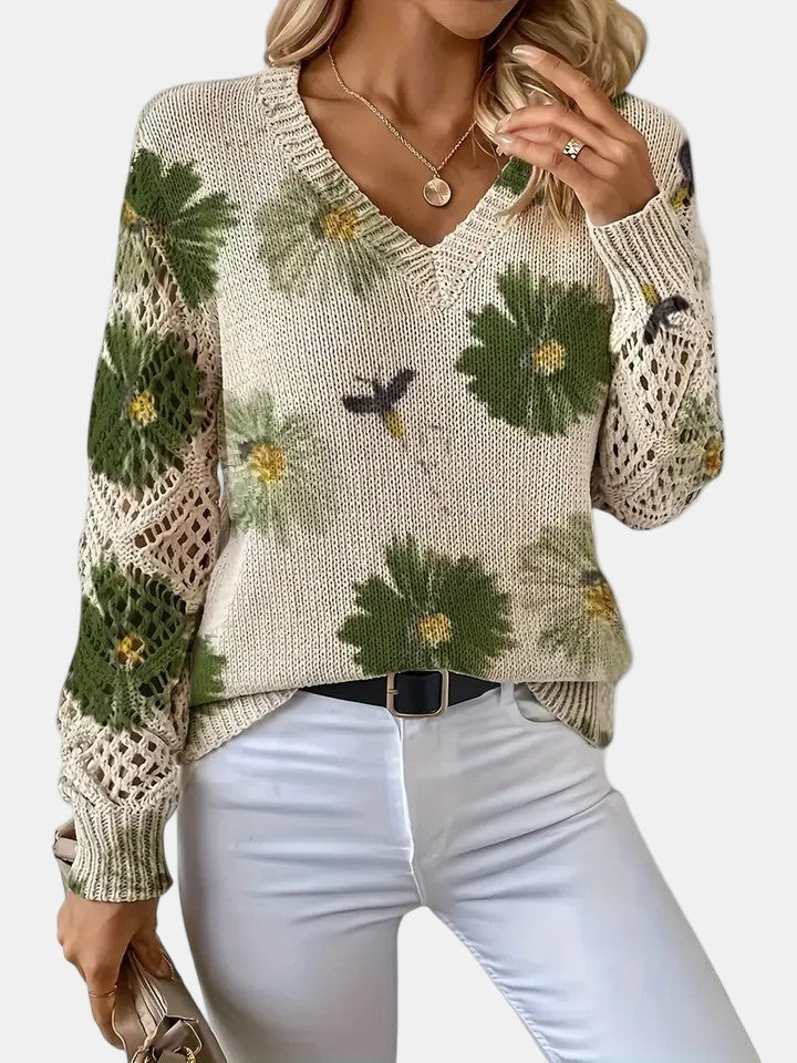 Ladies' Knitted Jumper with Floral Print and V-Neck