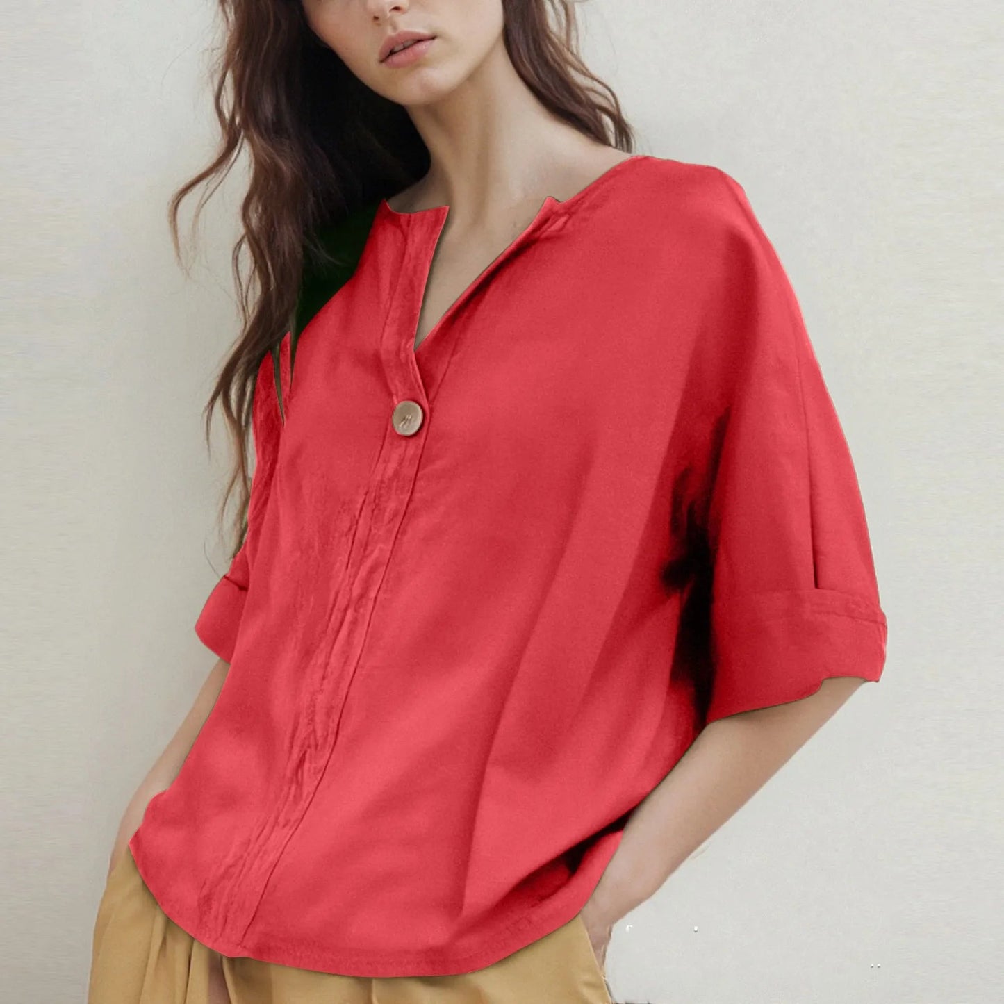 Loose-Fitting V-Neck Blouse with Three-Quarter Sleeves