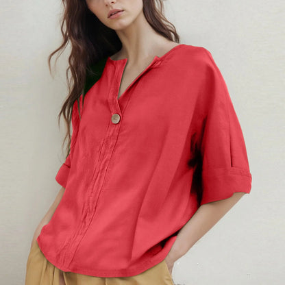 Loose-Fitting V-Neck Blouse with Three-Quarter Sleeves