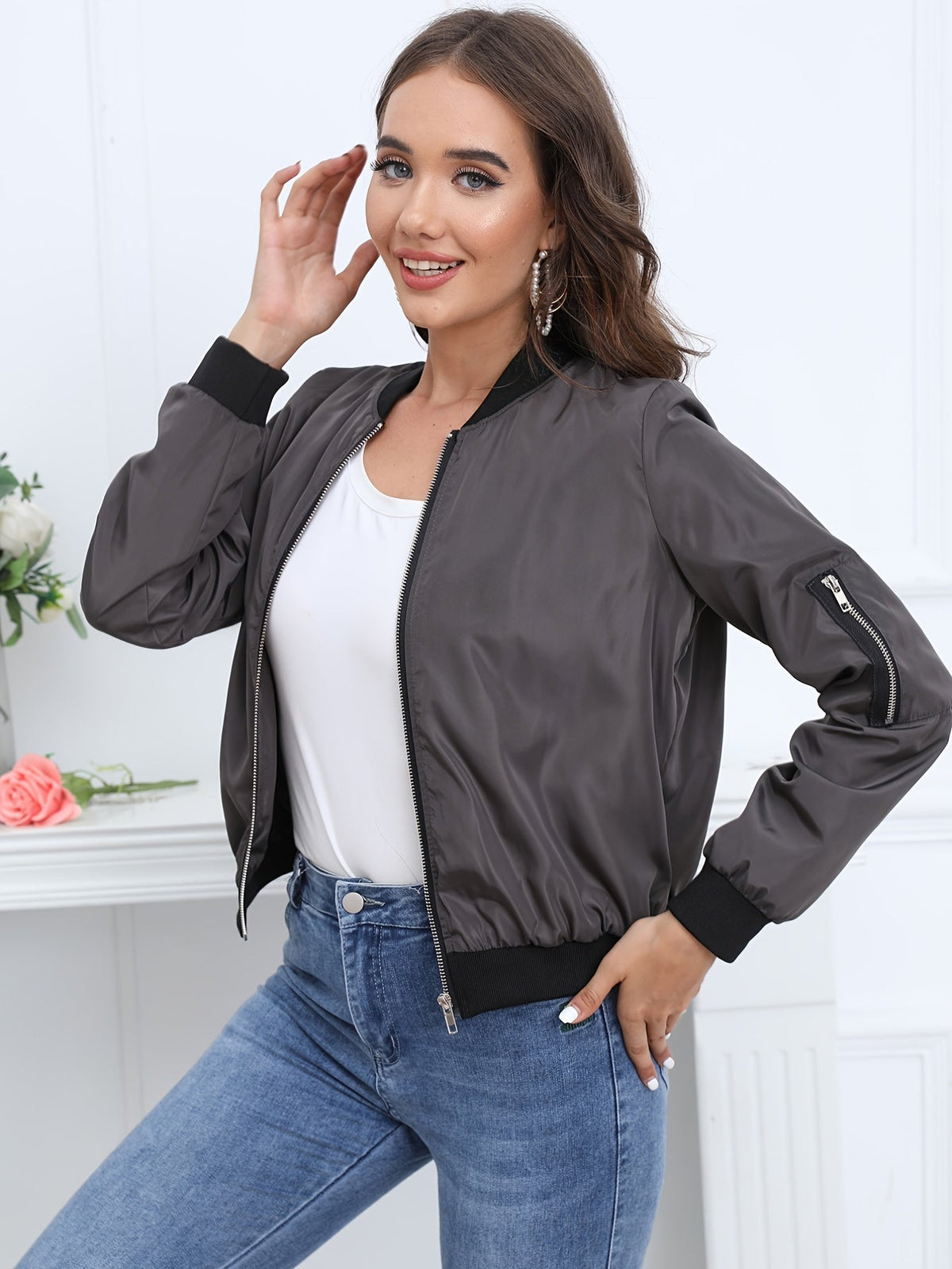 Women's Bomber Jacket with Zip, Sleeve Pocket and Ribbed Cuffs