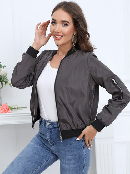 Women's Bomber Jacket with Zip, Sleeve Pocket and Ribbed Cuffs