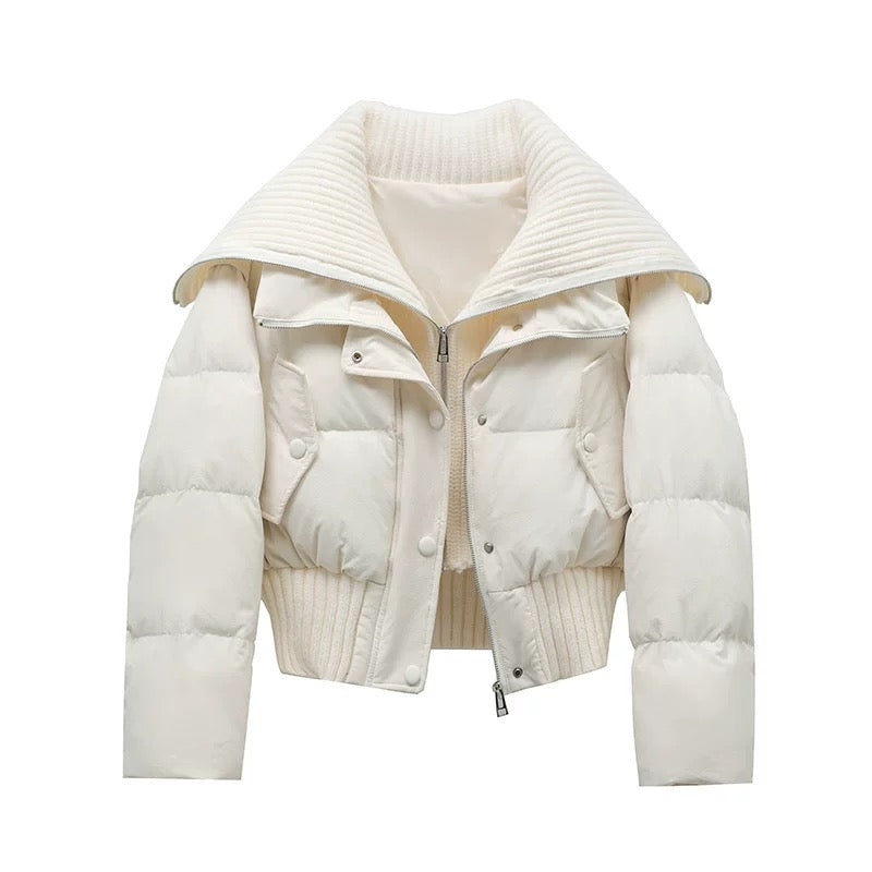 Ladies Short Puffer Winter Jacket Quilted with Ribbed Collar